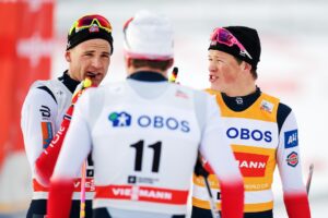 Niklas Dyrhaug and Johannes Høsflot Klæbo of Norway after the men's 50 km free technique during FIS Cross-Country World Cup on March 10, 2018 in Oslo.