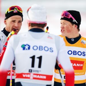 Niklas Dyrhaug and Johannes Høsflot Klæbo of Norway after the men's 50 km free technique during FIS Cross-Country World Cup on March 10, 2018 in Oslo.