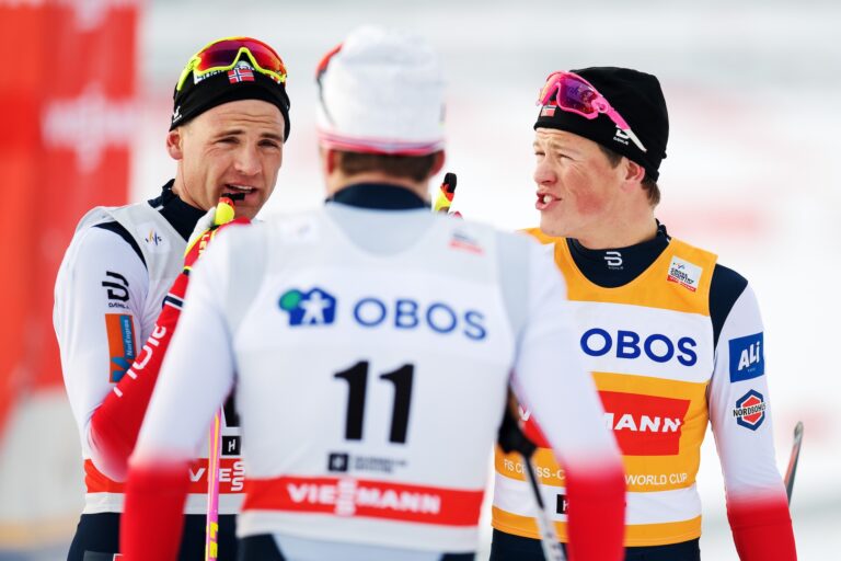 Niklas Dyrhaug and Johannes Høsflot Klæbo of Norway after the men's 50 km free technique during FIS Cross-Country World Cup on March 10, 2018 in Oslo.