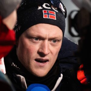 Strømsheim of Norway in the mixed zone after men's 12,5 km pursuit during the IBU World Cup on December 7, 2025 in Östersund. Photo: / kod MB / MB1262
