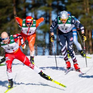 260307 Sindre Bjørnestad Skar of Norway, Janik Riebli of Switzerland, Ben Ogden of USA, Federico Pellegrino of Italy and Lars Heggen of Norway compete in the men's sprint quarterfinal during the FIS Cross-Country World Cup on March 7, 2026 in Lahtis. Photo: / kod XY / XY0097