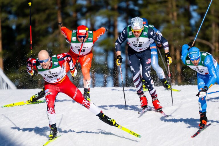 260307 Sindre Bjørnestad Skar of Norway, Janik Riebli of Switzerland, Ben Ogden of USA, Federico Pellegrino of Italy and Lars Heggen of Norway compete in the men's sprint quarterfinal during the FIS Cross-Country World Cup on March 7, 2026 in Lahtis. Photo: / kod XY / XY0097