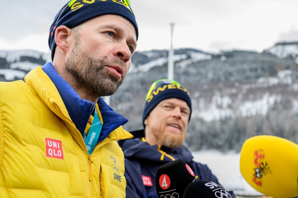 Stefan Thomson og Anders Byström of the Swedish national cross-country skiing team at a press meet during day 14 of the 2026 Winter Olympics on February 20, 2026 in Val di Fiemme. Foto: Maxim Thore / BILDBYRÅN