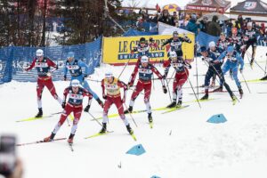 22.03.2026, Lake Placid, United States of America (USA): Martin Loewstroem Nyenget (NOR), Federico Pellegrino (ITA), Harald Oestberg Amundsen (NOR), Johannes Hoesflot Klaebo (NOR), Mika Vermeulen (AUT), Emil Iversen (NOR), Gus Schumacher (USA), Mattis Stenshagen (NOR), Mathis Desloges (FRA), Hugo Lapalus (FRA), (l-r) - FIS world cup cross-country, 20km, Lake Placid (USA). www.nordicfocus.com. © Every downloaded picture is fee-liable.