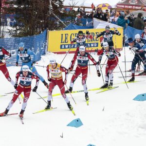 22.03.2026, Lake Placid, United States of America (USA): Martin Loewstroem Nyenget (NOR), Federico Pellegrino (ITA), Harald Oestberg Amundsen (NOR), Johannes Hoesflot Klaebo (NOR), Mika Vermeulen (AUT), Emil Iversen (NOR), Gus Schumacher (USA), Mattis Stenshagen (NOR), Mathis Desloges (FRA), Hugo Lapalus (FRA), (l-r) - FIS world cup cross-country, 20km, Lake Placid (USA). www.nordicfocus.com. © Every downloaded picture is fee-liable.