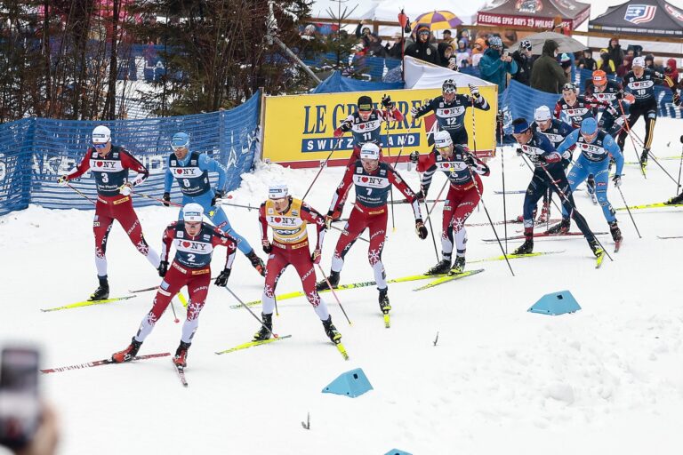22.03.2026, Lake Placid, United States of America (USA): Martin Loewstroem Nyenget (NOR), Federico Pellegrino (ITA), Harald Oestberg Amundsen (NOR), Johannes Hoesflot Klaebo (NOR), Mika Vermeulen (AUT), Emil Iversen (NOR), Gus Schumacher (USA), Mattis Stenshagen (NOR), Mathis Desloges (FRA), Hugo Lapalus (FRA), (l-r) - FIS world cup cross-country, 20km, Lake Placid (USA). www.nordicfocus.com. © Every downloaded picture is fee-liable.