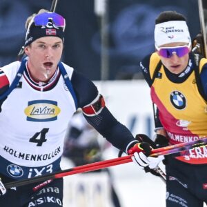 Johan-Olav Smoerdal Botn (NOR), Eric Perrot (FRA), (l-r) - IBU World Cup Biathlon, mass men, Oslo (NOR).