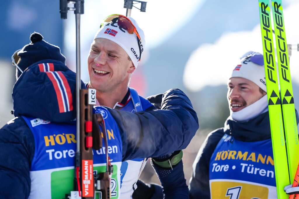 Johan-Olav Botn (NOR), Vetle Sjaastad Christiansen (NOR), Sturla Holm Laegreid (NOR), (l-r) - IBU World Cup Biathlon, relay men, Hochfilzen (AUT).Foto: Manzoni/NordicFocus