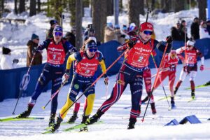 Linn Gestblom of Sweden and Marthe Krakstad Johansen of Norway compete in the women's 4x6 km relay during the IBU World Cup on March 8, 2026 in Kontiolahti.
