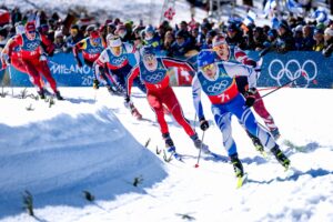 Olympic Games Milano Cortina 2026, team sprint free, men, women, final. Image shows Lauri Vuorinen (FIN), Einar Hedegart (NOR) and Michael Foettinger (AUT).