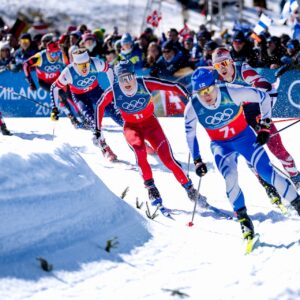Olympic Games Milano Cortina 2026, team sprint free, men, women, final. Image shows Lauri Vuorinen (FIN), Einar Hedegart (NOR) and Michael Foettinger (AUT).