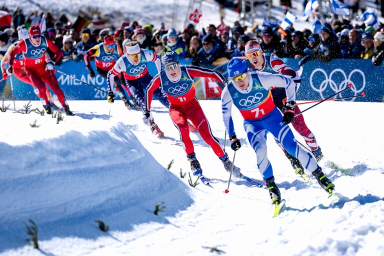 Olympic Games Milano Cortina 2026, team sprint free, men, women, final. Image shows Lauri Vuorinen (FIN), Einar Hedegart (NOR) and Michael Foettinger (AUT).